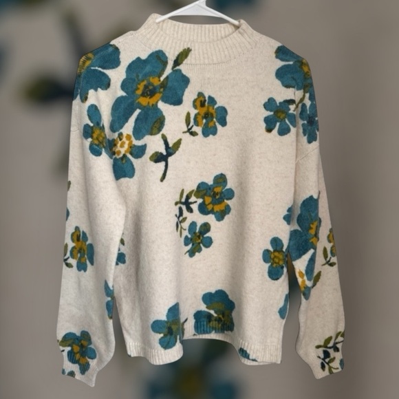 LOFT floral ivory teal cotton blend mock neck pullover sweater women's small - Picture 7 of 16